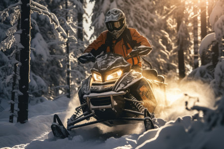 Athlete on a snowmobile moving through the winter forest.の素材
