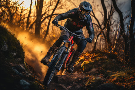 Motocross rider on the road in the forest at sunset.の素材