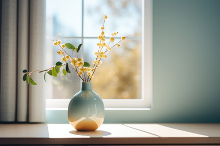 Bouquet of yellow flowers in vase on windowsill.の素材