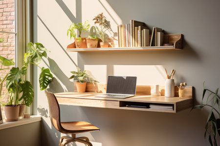 Wooden table with laptop and stationery on it in modern officeの素材