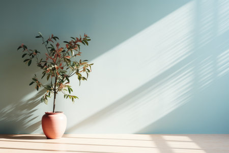 plant in vase on wooden table and blue wall with sunbeamの素材