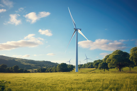 Wind turbines in a green field with blue sky and white clouds.の素材
