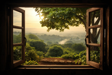 View from the window to the morning mist in the forest, Thailand.の素材