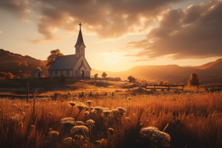 Church in the meadow at sunset. Beautiful landscape with church.の素材