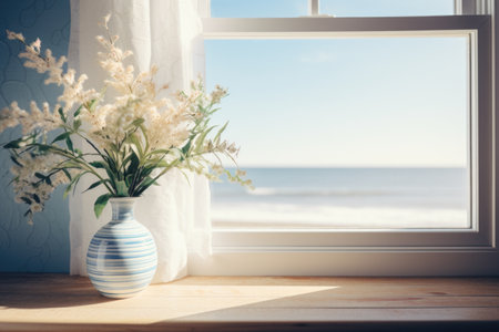 Vase of flowers on wooden table near window with sea view.の素材