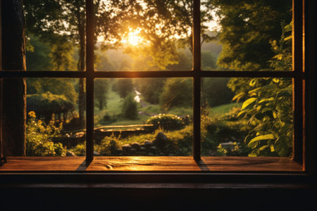 Sunset through the window of a country house in the countryside.の素材