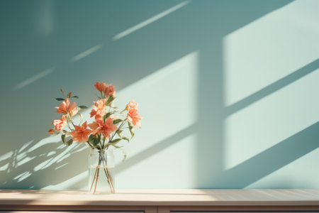 Bouquet of pink flowers in vase on wooden table in room with blue wallの素材