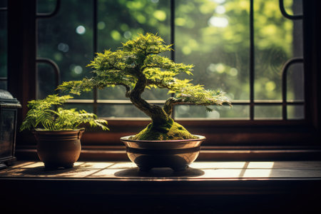 Bonsai tree in a pot on the window sill with sunlightの素材