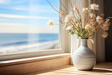 Vase with beautiful flowers on window sill near sea, closeupの素材