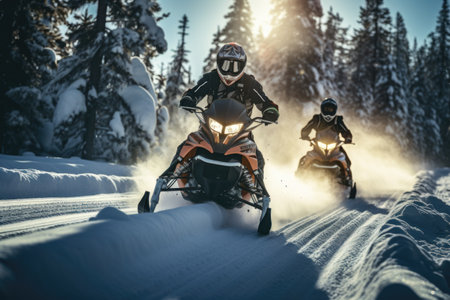 Athlete on a snowmobile moving in the winter forest.の素材