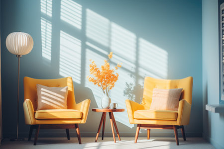 Yellow armchairs and a vase with a bouquet of daffodils on a blue wall backgroundの素材