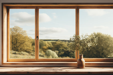 Vase on a wooden table in a room with a view on the countrysideの素材