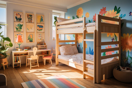 Children's room with wooden bunk beds.の素材