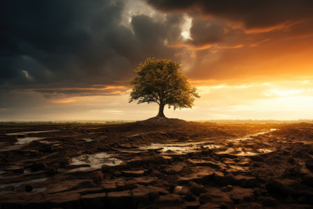 Tree in the arid land at sunset. Conceptual image.の素材