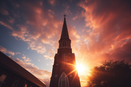 Old church at sunset with sunbeams in the sky and cloudsの素材