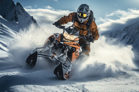 Athlete on a snowmobile moving in the high mountains.の素材