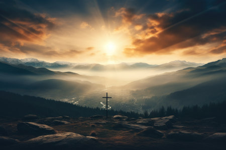 Cross on the mountain peak. Sunset in the misty valley.の素材