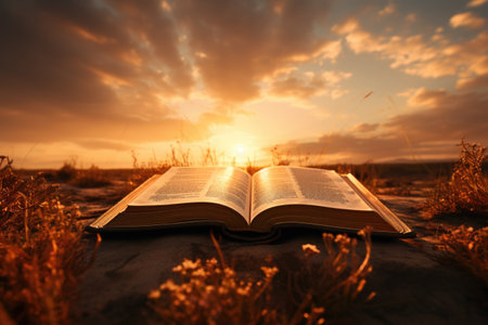 Open bible on the background of the sunset. The concept of religion.の素材