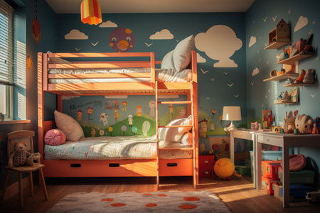 Children's room with a bunk bed and toys.の素材