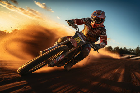 Motocross rider in action on the race track at sunset.の素材