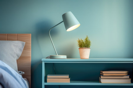 Bedside table with lamp and books in the room.の素材