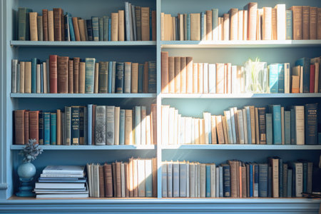 Bookshelf with books in modern library. Education and reading conceptの素材