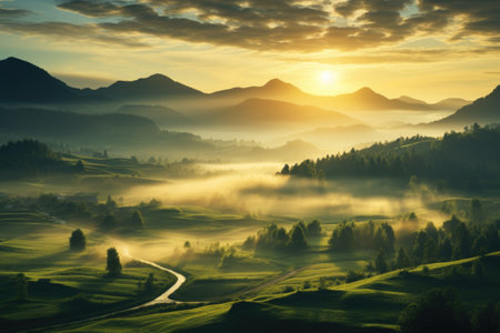 Foggy morning in the mountains. Carpathians, Ukraine, Europeの素材