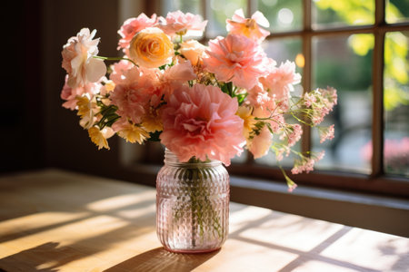 Bouquet of flowers in a glass vase on the tableの素材