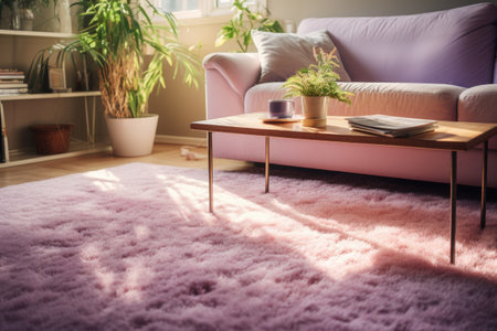 Interior of living room with pink sofa, coffee table and plantの素材