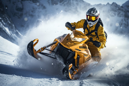 Snowmobile rider moving in high mountains on snow. Extreme winter sport.の素材