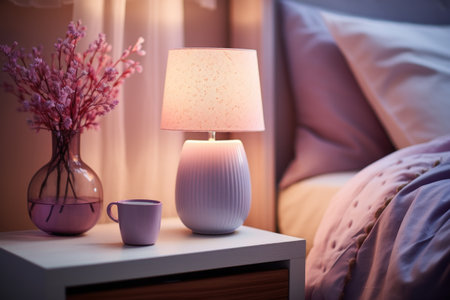 Lamp on bedside table in bedroom at night, interior design conceptの素材