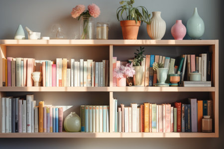 Bookshelf with different books and vases on gray wall backgroundの素材