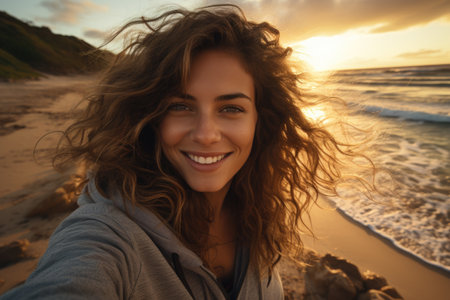 Portrait of a beautiful young woman with curly hair at the beach at sunsetの素材