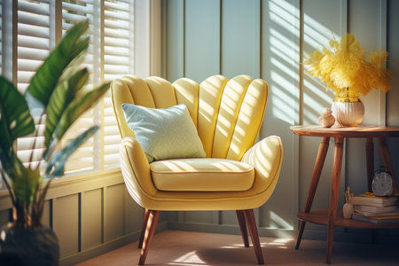 Yellow armchair with pillows in the living room.の素材