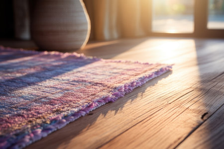 Knitted woolen plaid on a wooden floor in the sunlightの素材