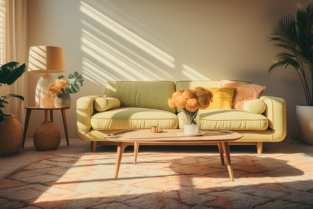 Living room with yellow sofa, coffee table and plant in vaseの素材