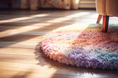 Close up of colorful carpet on laminate floor in living room.の素材