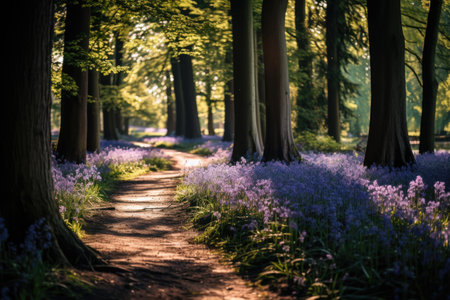 Sunset in a forest of bluebells, Hallerbos, Belgiumの素材