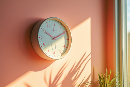 Wall clock on orange wall with shadow and sunlight. Time concept.の素材