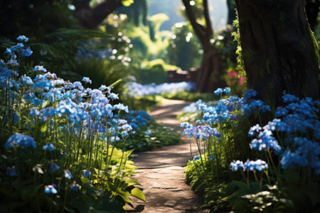 Beautiful spring garden with blue flowers in the morning light, stock photoの素材