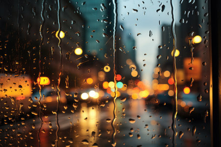 Rain drops on the glass with blurred city lights in the background.の素材