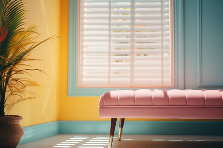 Living room interior with pink sofa, plant and window.の素材