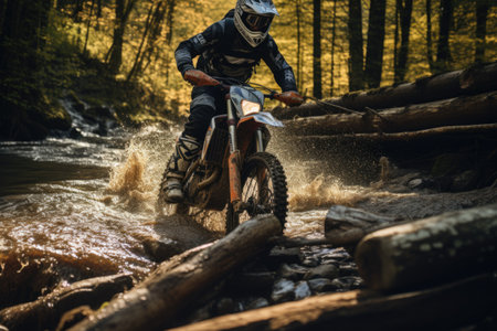 Motocross rider on the race in the forest. Extreme enduro race.の素材