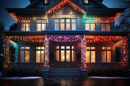 Beautiful house decorated with Christmas lights at night.の素材