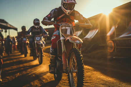 Motocross rider on the track at sunset. Extreme motocross race.の素材