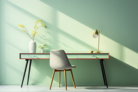 Interior of modern home office with green wall and wooden desk.の素材