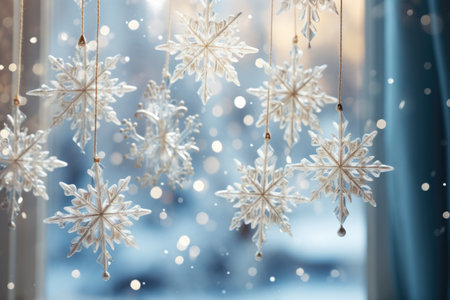 Snowflakes hanging on the window in winter season. Christmas backgroundの素材