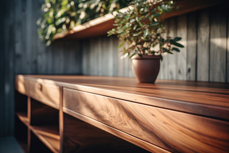 Wooden table in a cafe with flowers in a vase.の素材