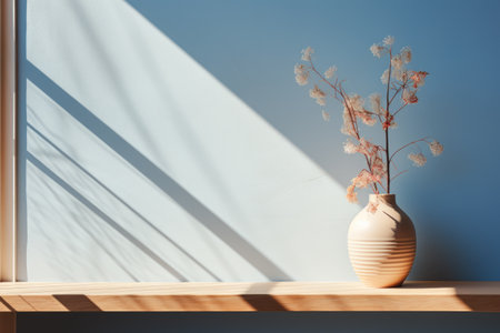 Vase with dried flowers on shelf near color wall. Interior designの素材