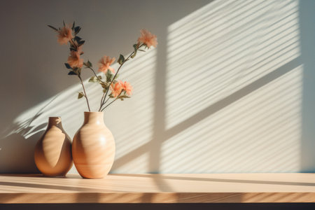 Vase with flowers on wooden table in sunlight. Minimalistic interior design.の素材